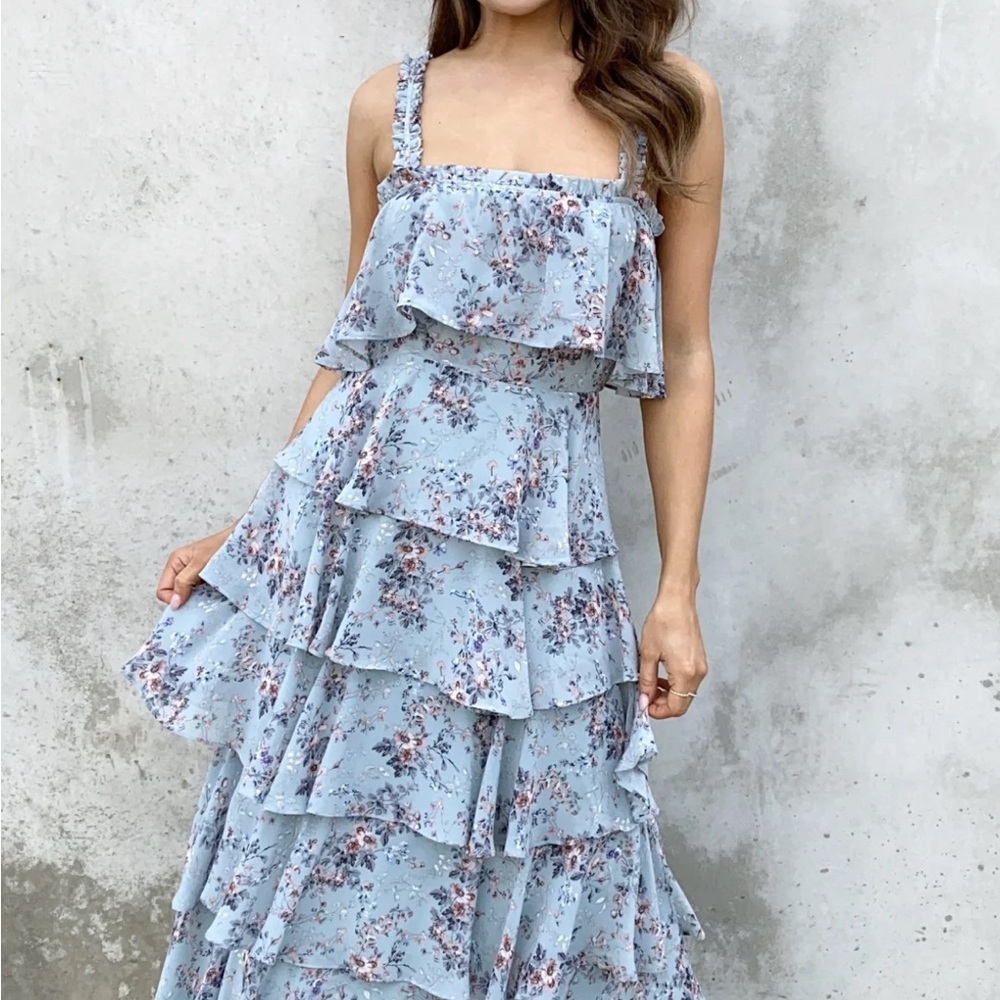 Storia Dusty Blue Floral Ruffled Tiered Maxi Dress